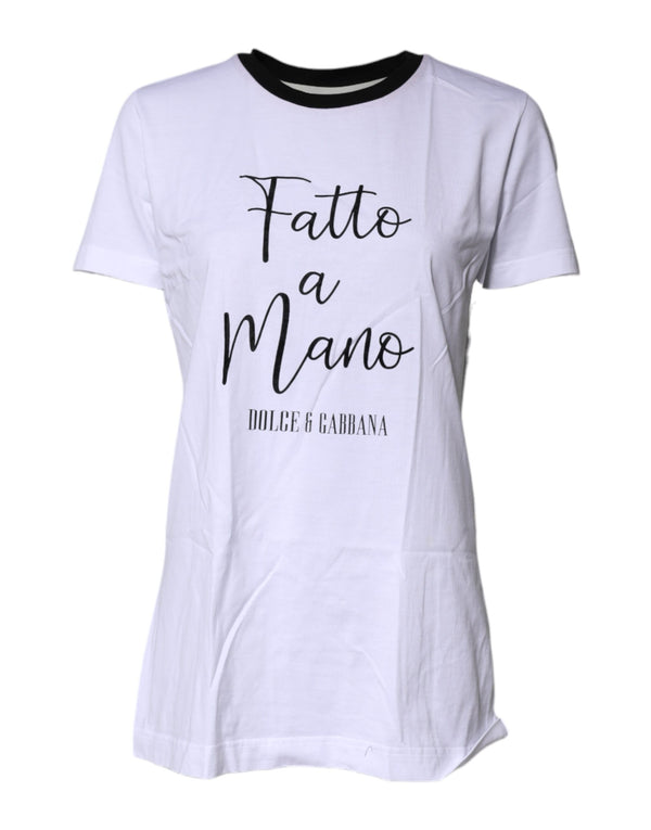 Dolce & Gabbana White Printed Round Neck Top Cotton T-shirt