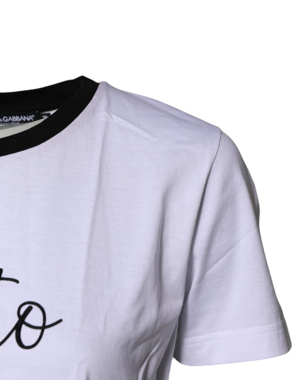 Dolce & Gabbana White Printed Round Neck Top Cotton T-shirt