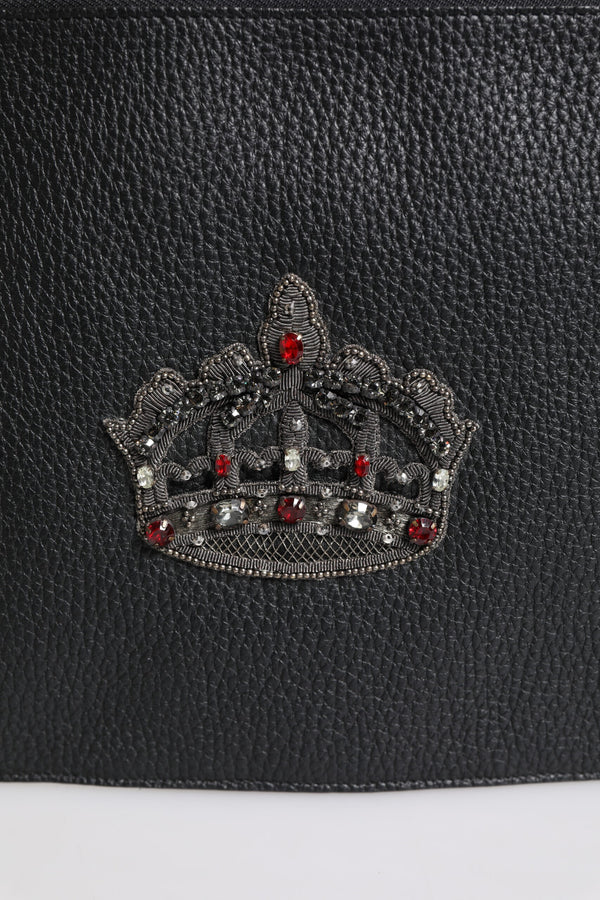 Dolce & Gabbana Black Calfskin Crown Embellished Clutch Pouch Bag