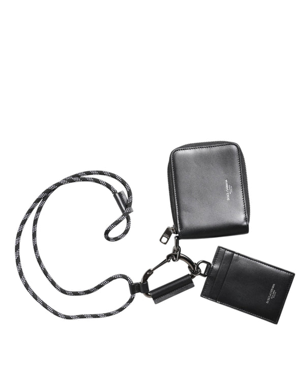 Dolce & Gabbana Black Leather Lanyard Zip Around Card Holder Wallet