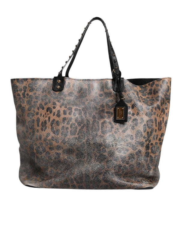 Dolce & Gabbana Brown Leopard BEATRICE Leather Logo Plaque Tote Bag