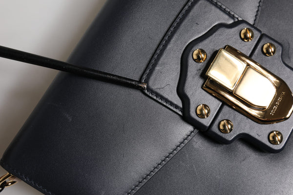 Dolce & Gabbana Black Leather Logo Gold Crossbody Purse Bag
