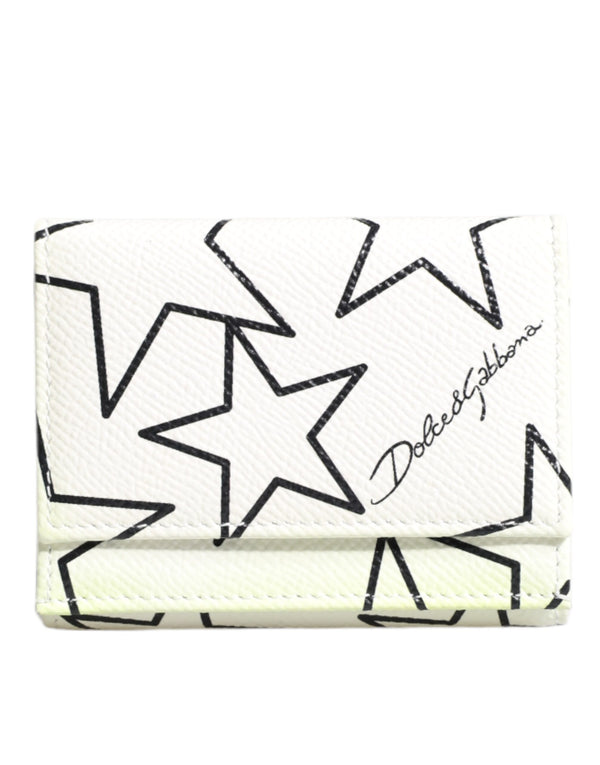 Dolce & Gabbana White Leather Trifold DG Star Print Card Holder Wallet