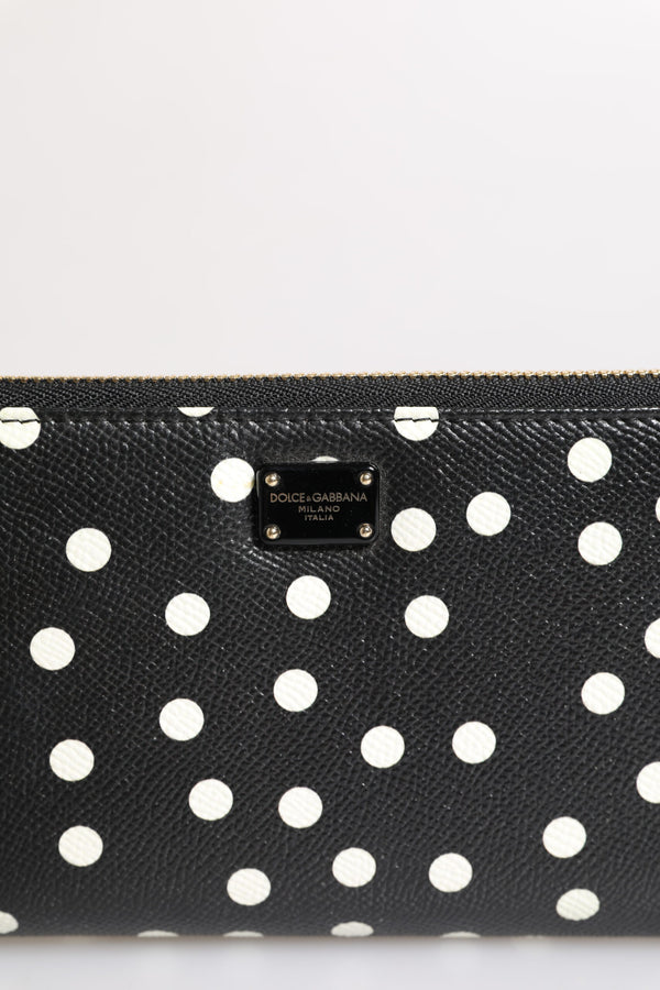 Dolce & Gabbana Black White Dotted Leather Zip Around Continental Wallet