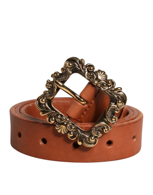 Dolce & Gabbana Brown Leather Gold Metal Baroque Buckle Belt