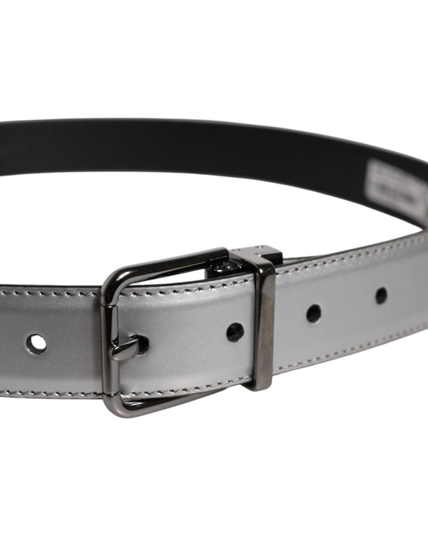 Dolce & Gabbana Silver Leather Classic Metal Logo Buckle Belt