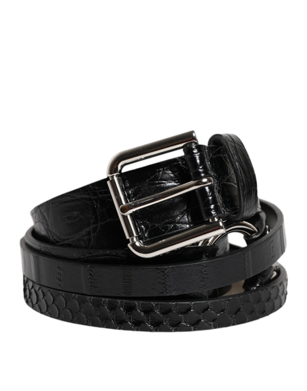 Dolce & Gabbana Black Exotic Leather Metal Logo Buckle Belt