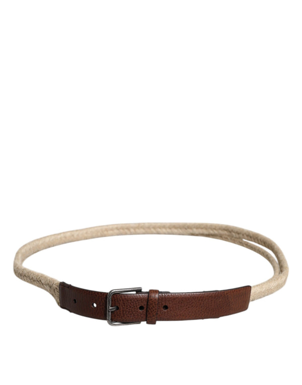 Dolce & Gabbana Brown Jute Leather Woven Metal Buckle Belt