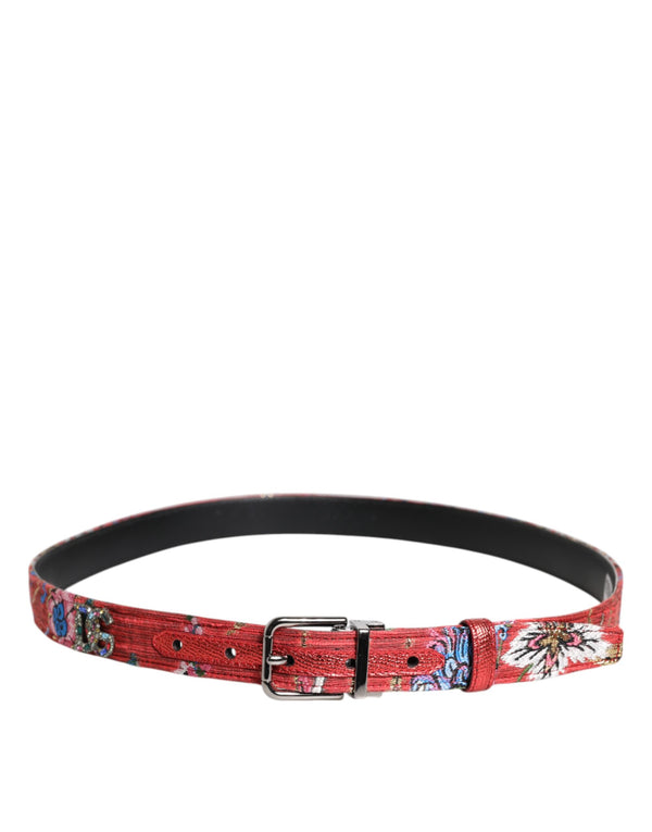 Dolce & Gabbana Red Floral DG Embellished Metal Buckle Belt