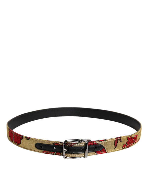 Dolce & Gabbana Gold Floral Jacquard Leather Metal Buckle Belt
