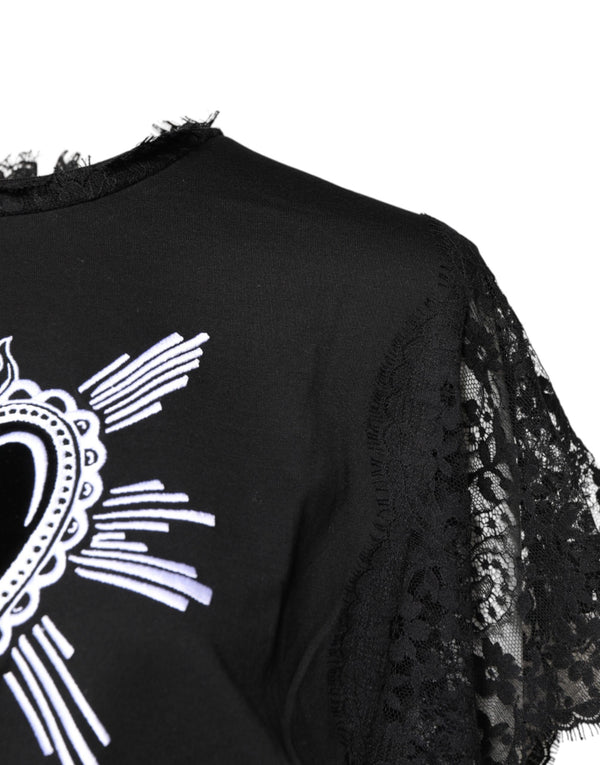Dolce & Gabbana Black Lace Sheer Sacred Heart Crew Neck Top