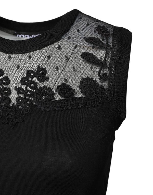 Dolce & Gabbana Black Lace Sheer Crew Neck Sleeveless Top