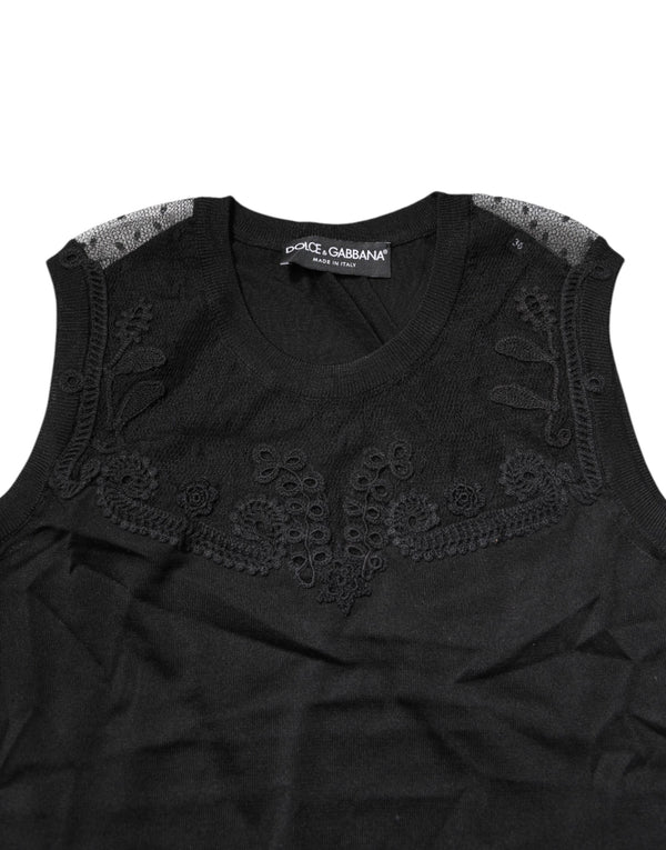 Dolce & Gabbana Black Lace Sheer Crew Neck Sleeveless Top