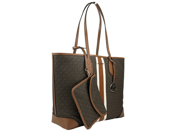 Michael Kors Eva Large Stripe Travel Tote Bag Plus Pouch Brown