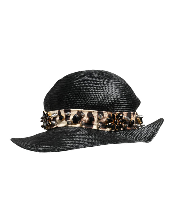 Dolce & Gabbana Black Straw Crystal Embellished Wide Brim Hat