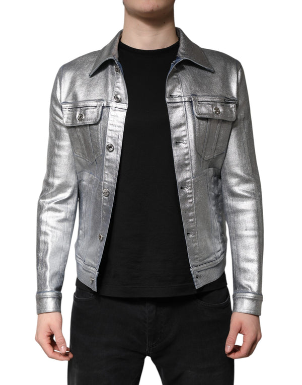 Dolce & Gabbana Silver Cotton Button Down Denim Biker Jacket