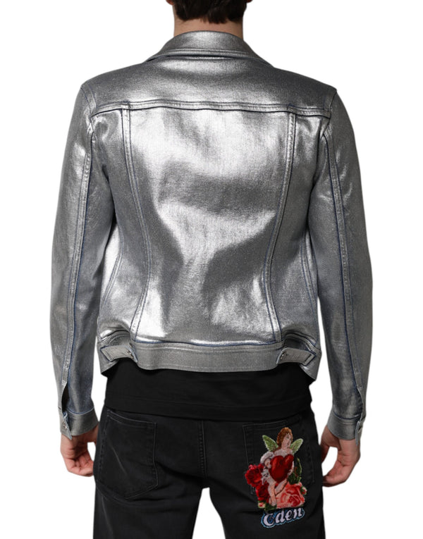 Dolce & Gabbana Silver Cotton Button Down Denim Biker Jacket
