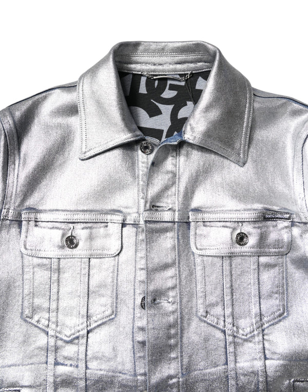 Dolce & Gabbana Silver Cotton Button Down Denim Biker Jacket
