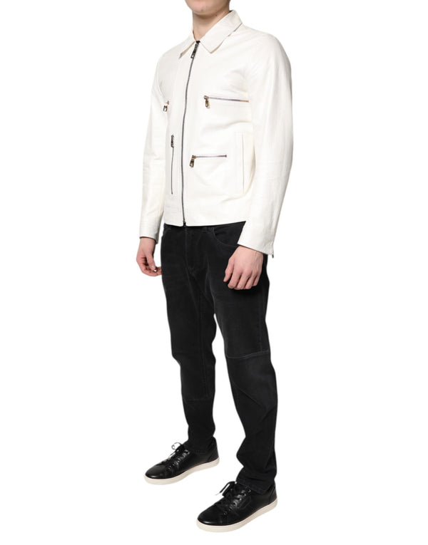Dolce & Gabbana White Collared Full Zip Biker Coat Jacket