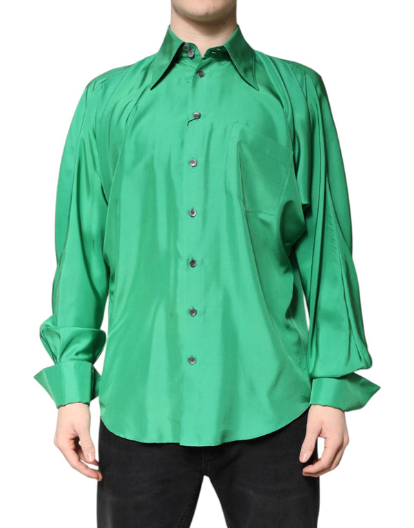 Dolce & Gabbana Green Silk Satin Long Sleeves Casual Shirt