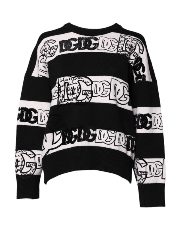 Dolce & Gabbana Black White Logo Print Wool Pullover Sweater