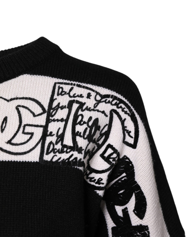 Dolce & Gabbana Black White Logo Print Wool Pullover Sweater