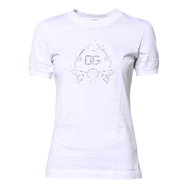 Dolce & Gabbana White Cotton Floral Logo Crew Neck T-shirt