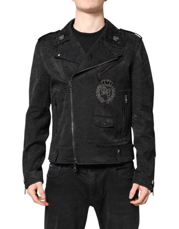 Dolce & Gabbana Black Brocade Cotton Full Zip Biker Jacket