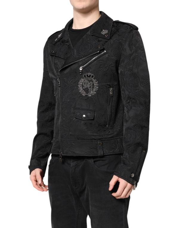 Dolce & Gabbana Black Brocade Cotton Full Zip Biker Jacket