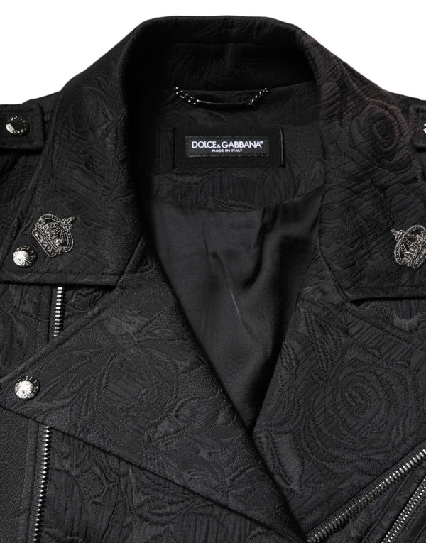 Dolce & Gabbana Black Brocade Cotton Full Zip Biker Jacket