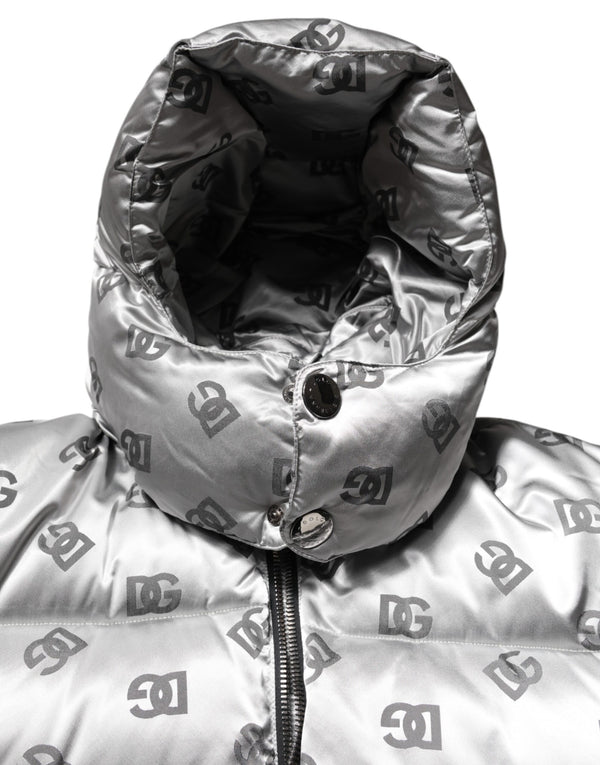 Dolce & Gabbana Silver Logo Full Zip Hooded Quilted Jacket