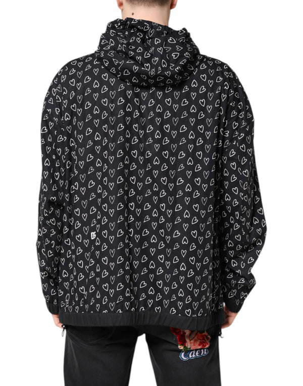 Dolce & Gabbana Black Heart Print Hooded Windbreaker Jacket