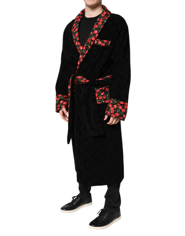 Dolce & Gabbana Black Cherry Print Wrap Robe Men Coat Jacket