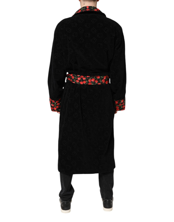 Dolce & Gabbana Black Cherry Print Wrap Robe Men Coat Jacket