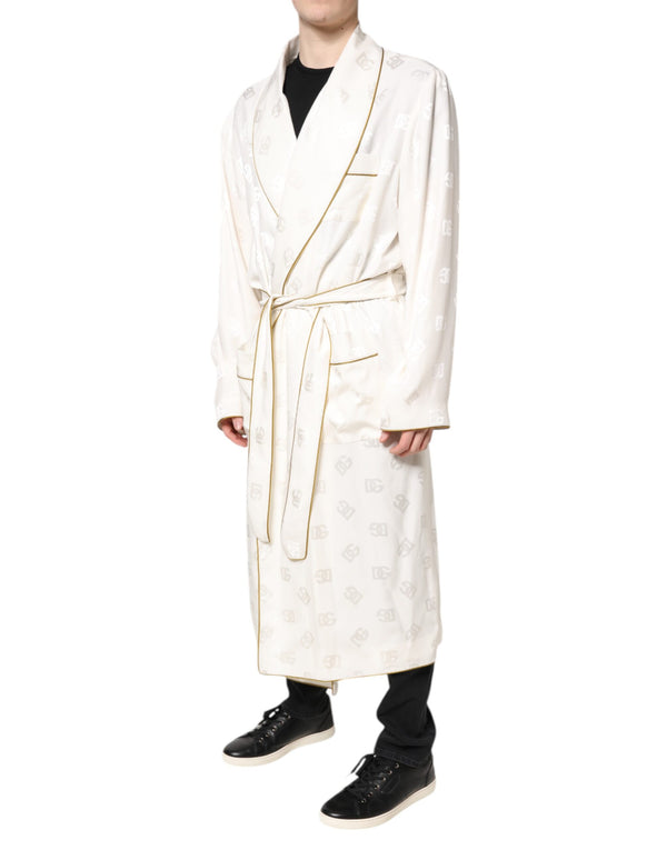Dolce & Gabbana Ivory Silk Logo Men Wrap Robe Coat Jacket