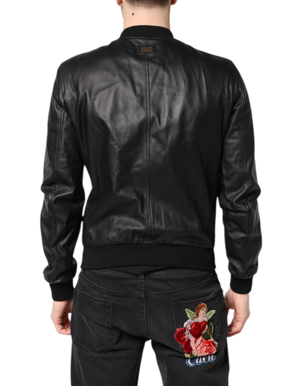 Dolce & Gabbana Black Lambskin Leather Full Zip Biker Jacket