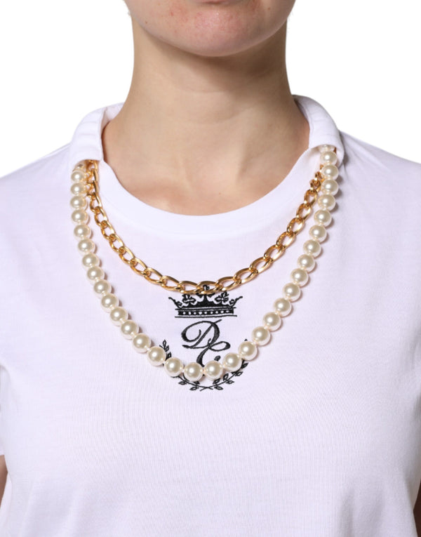 Dolce & Gabbana White Chain Pearl Cotton Round Neck T-shirt