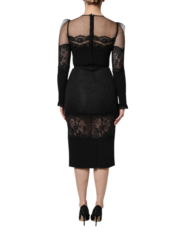Dolce & Gabbana Black Lace Trim Nylon Tulle Sheath Midi Dress