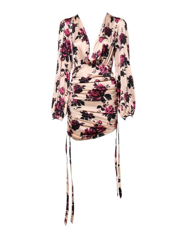 Laneus Pink Floral Silk Long Sleeves V-neck Ruched Mini Dress
