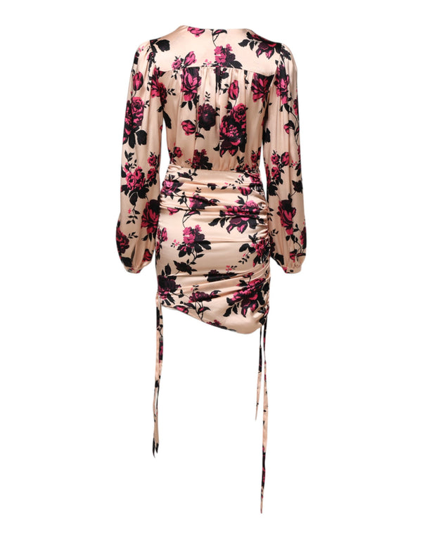 Laneus Pink Floral Silk Long Sleeves V-neck Ruched Mini Dress