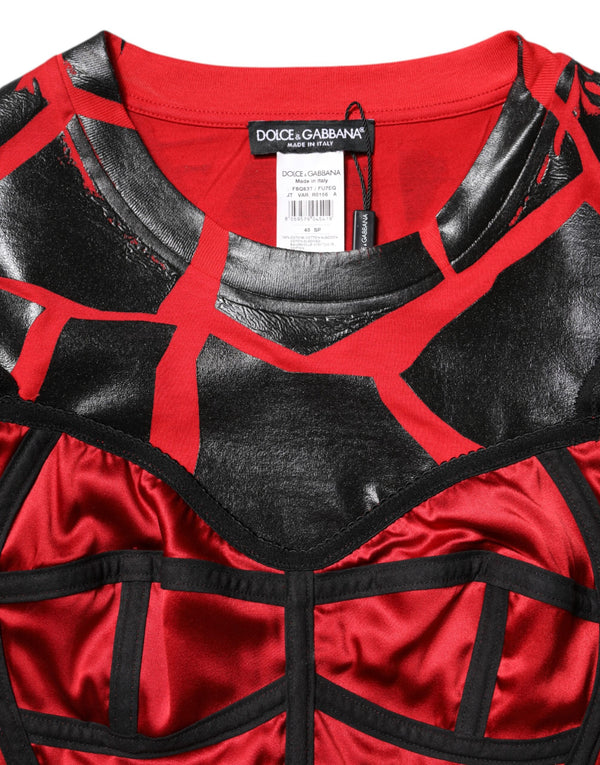 Dolce & Gabbana Red Black Cotton Bustier Detailing Cropped Top