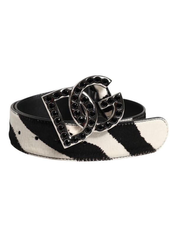 Dolce & Gabbana White Black Leather Zebra DG Crystal Buckle Belt