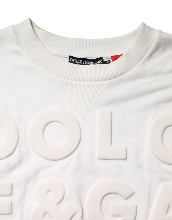 Dolce & Gabbana White Embossed Logo Cotton Crew Neck Sweater