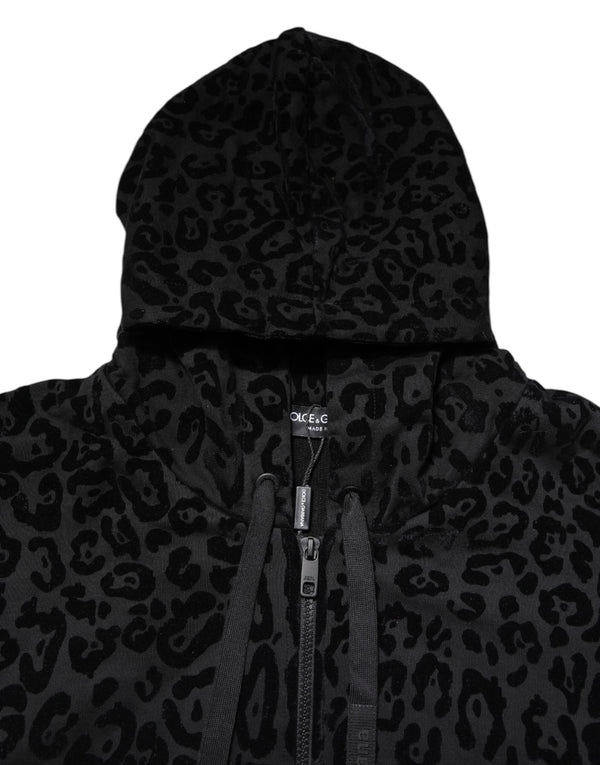 Dolce & Gabbana Black Leopard Full Zip Hooded Sweatshirt Sweater