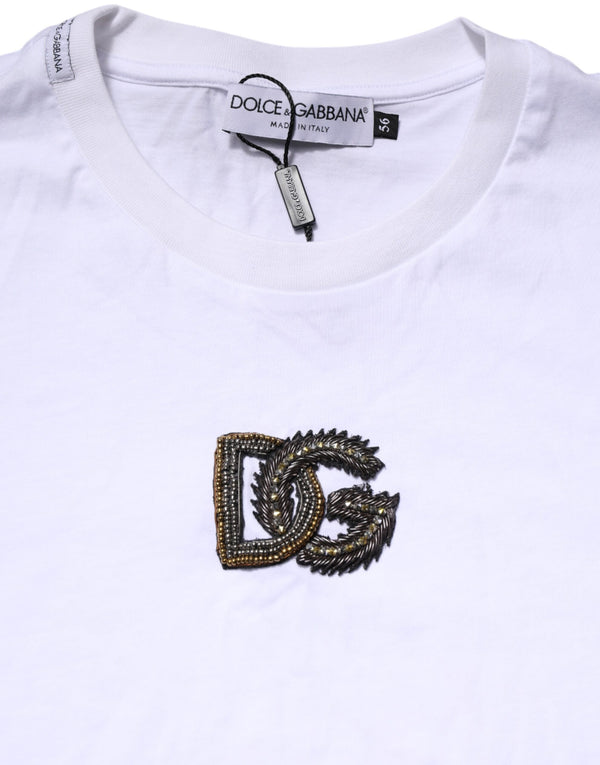 Dolce & Gabbana White Logo Embroidery Crew Neck T-shirt