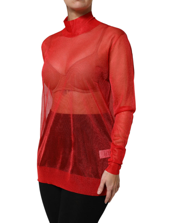 Dolce & Gabbana Red Tulle Turtleneck Long Sleeve Blouse Top