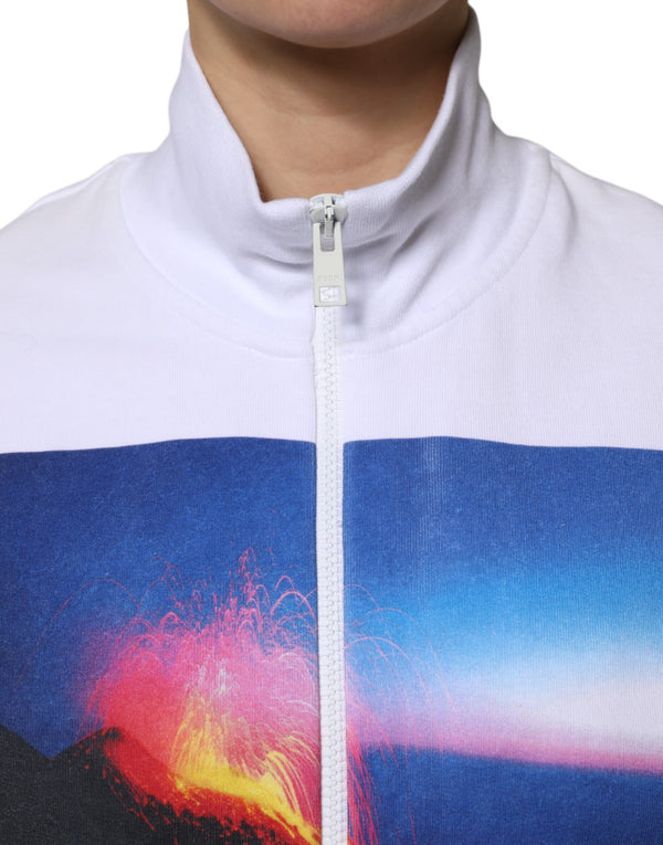 MSGM White Graphic Print Cotton Long Sleeves Full Zip Bomber Jacket