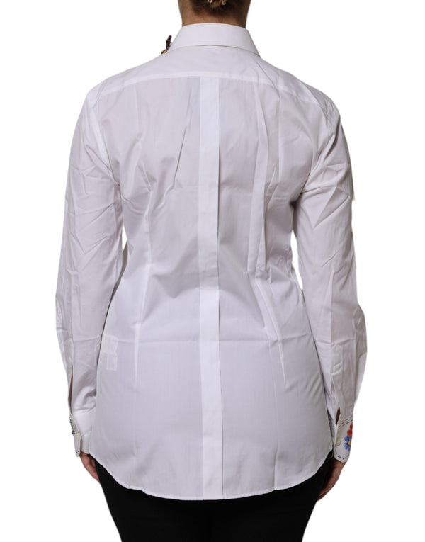 Dolce & Gabbana White Cotton Floral Embellished Shirt Top