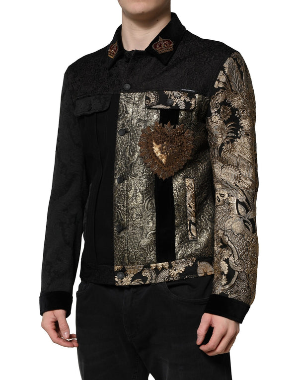 Dolce & Gabbana Black Gold Floral Jacquard Men Biker Jacket