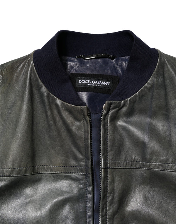 Dolce & Gabbana Black Lambskin Leather Biker Full Zip Jacket